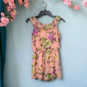 Zunie Girls Size 12 Peach Floral Shorts Ruffle Romper Soft Chiffon Sleeveless